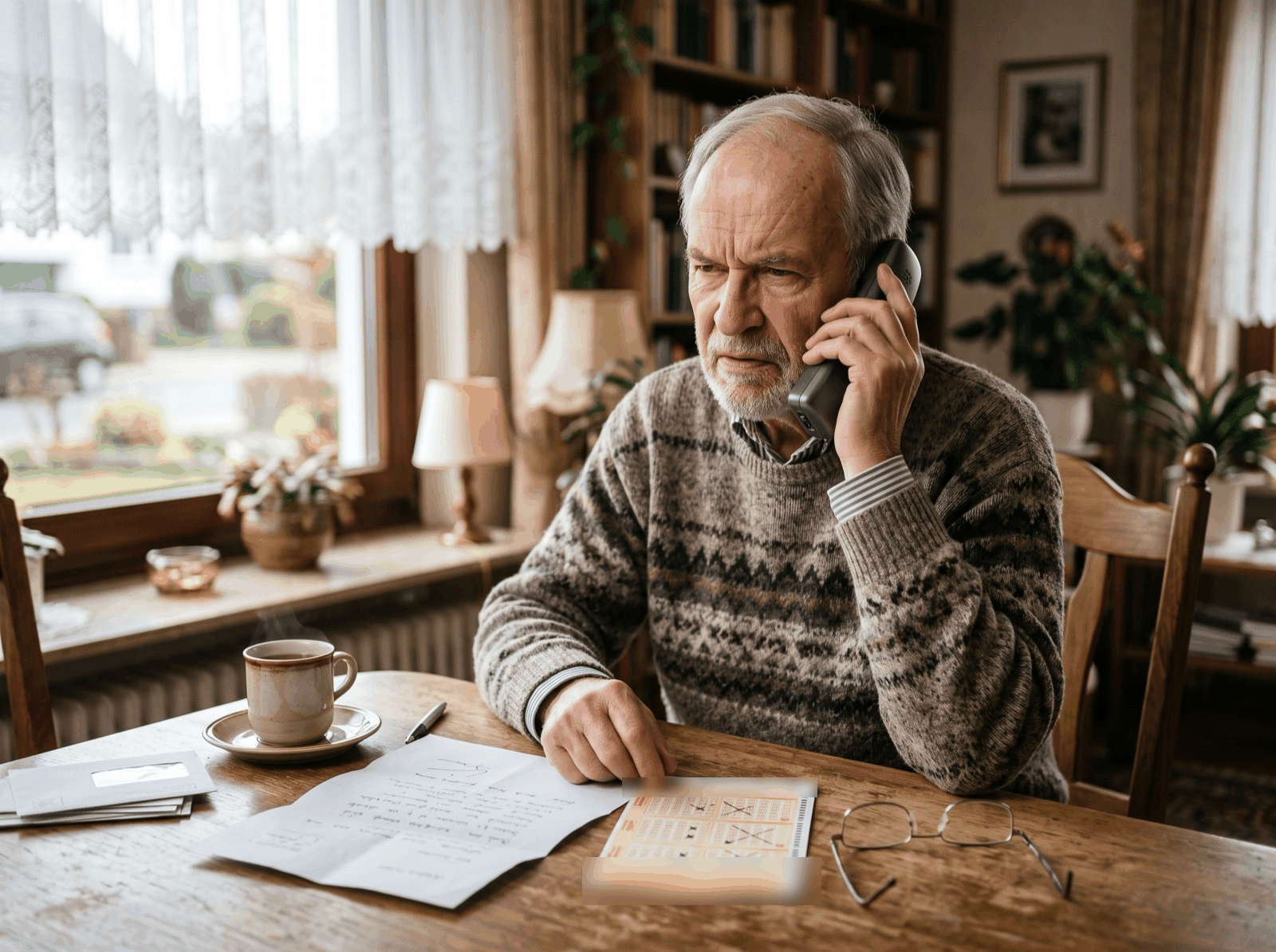 Älterer Mann telefoniert skeptisch, vor ihm ein Brief und ein Lottoschein, Symbolbild