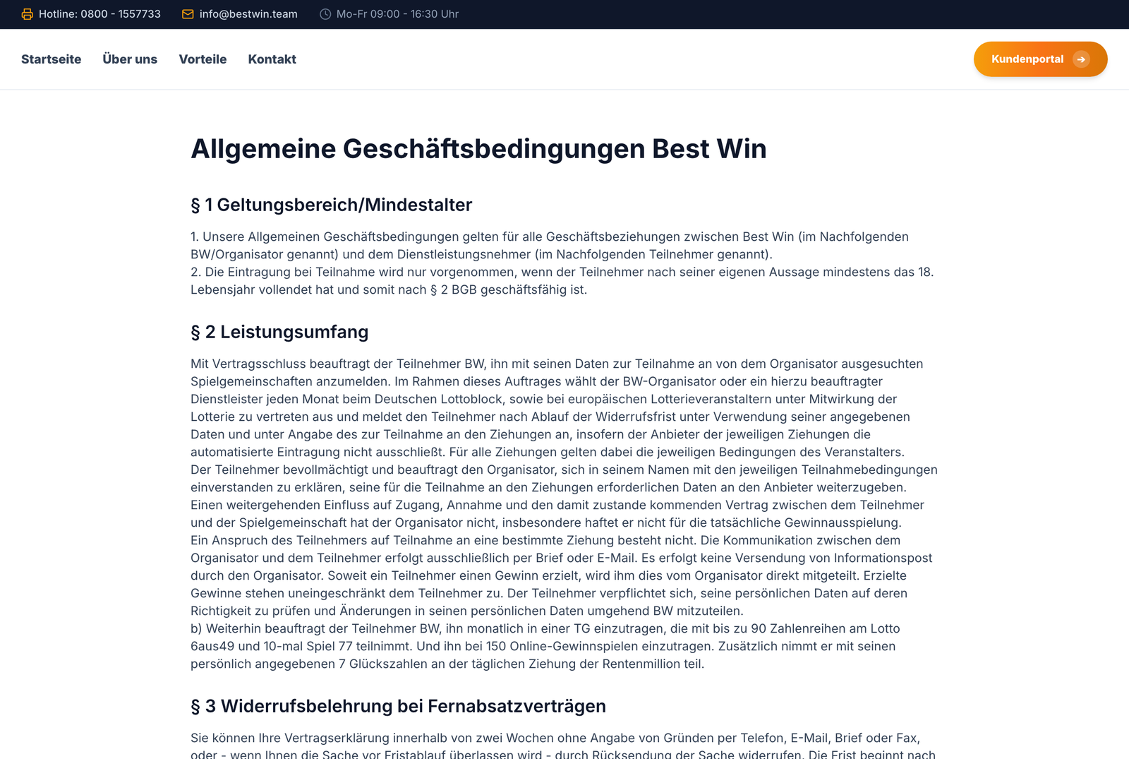 Allgemeine Geschäftsbedingungen Best Win auf bestwin.team