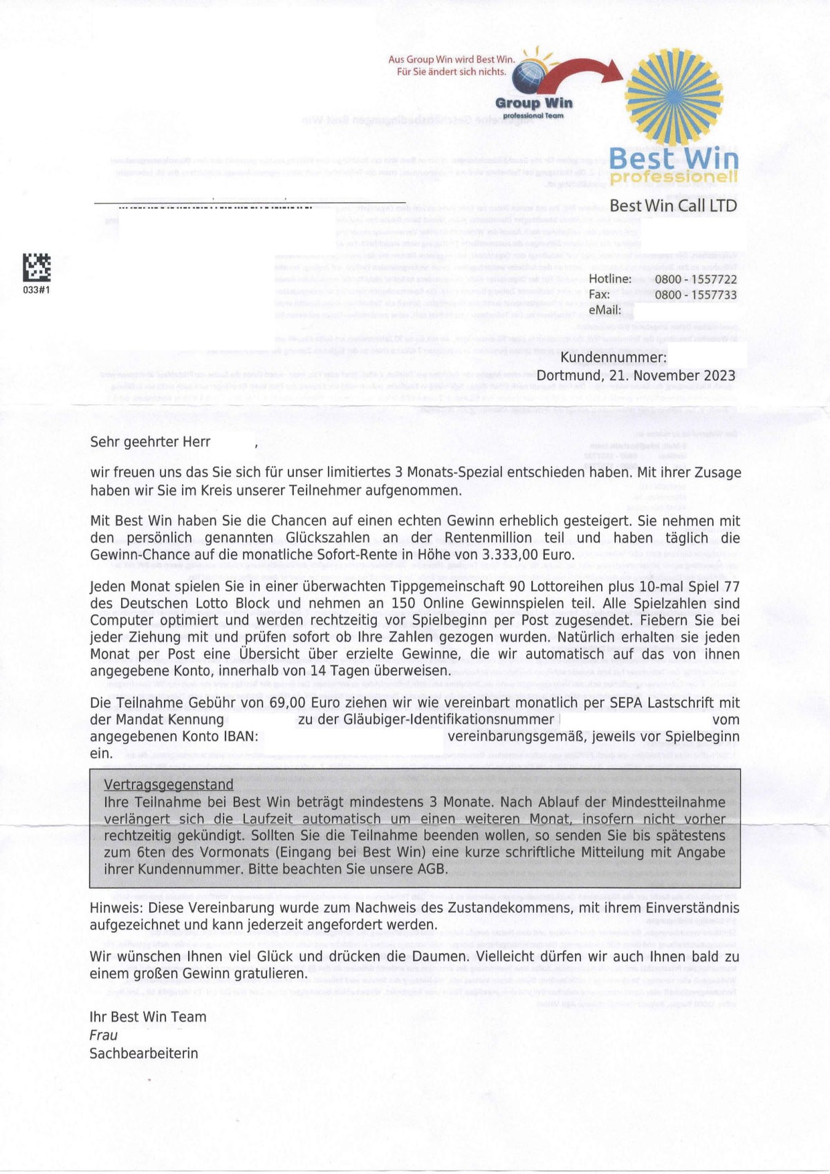 Begrüßungsschreiben der Best Win Call LTD vom November 2023: Aus Group Win wird Best Win, 69 Euro monatlich per SEPA-Lastschrift