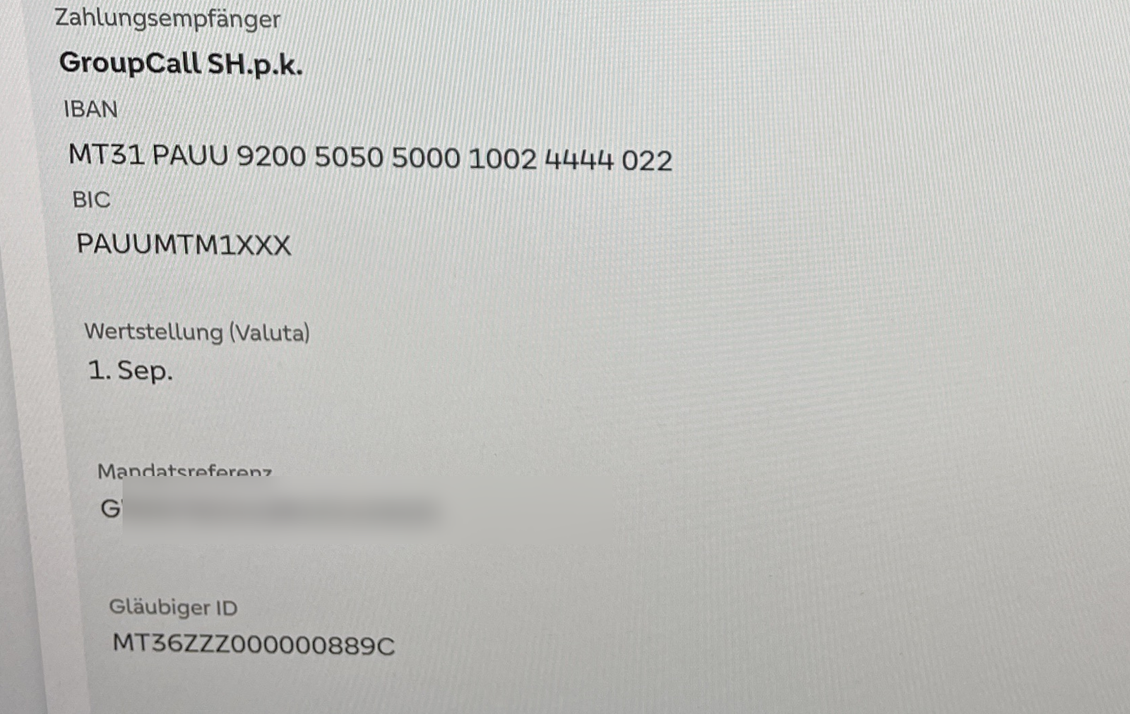 Ausschnitt eines Kontoauszugs: Zahlungsempfänger GroupCall SH.p.k., maltesische IBAN, Gläubiger-ID MT36ZZZ000000889C
