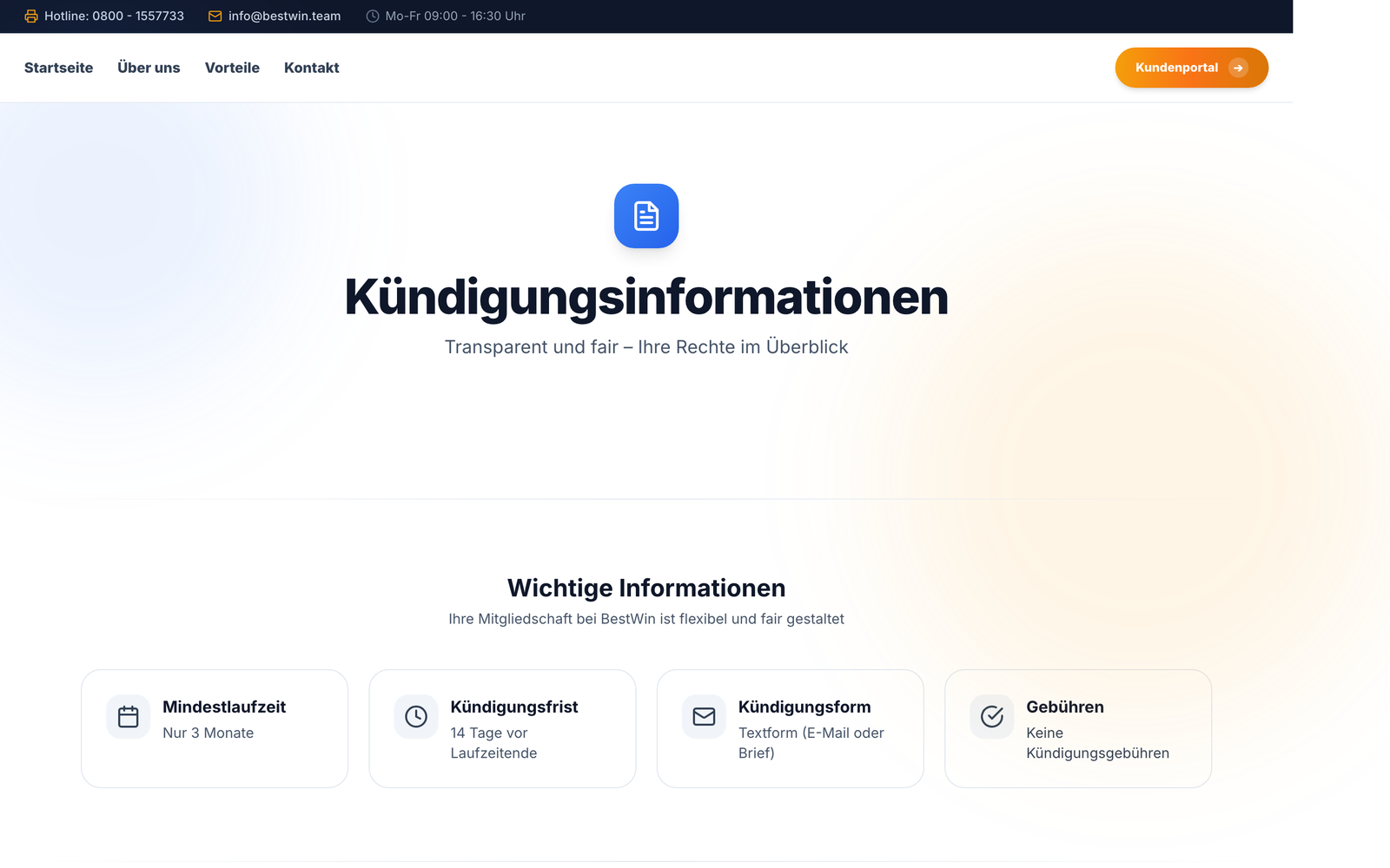 Kündigungsinformationen auf bestwin.team: Mindestlaufzeit 3 Monate, Kündigungsfrist 14 Tage vor Laufzeitende