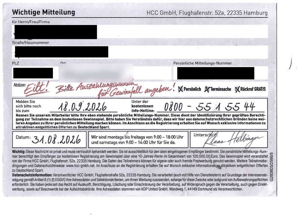 Gewinnspiel-Karte der HCC GmbH: Wichtige Mitteilung, Rückruf unter 0800-Hotline bis zum Stichtag, anonymisiert