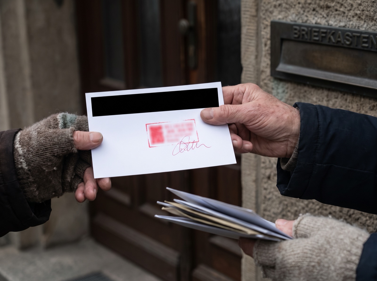 Hände halten eine Gewinnspiel-Karte vor einem Briefkasten, Symbolbild