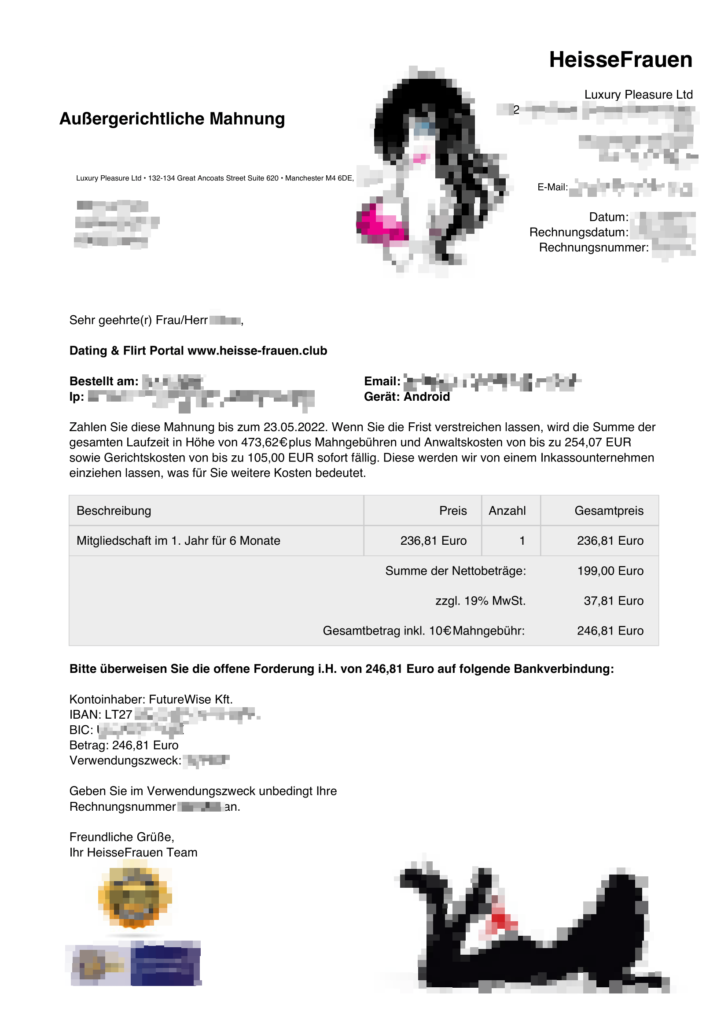 Außergerichtliche Zahlungsaufforderung HeisseFrauen der Luxury Pleasure Ltd