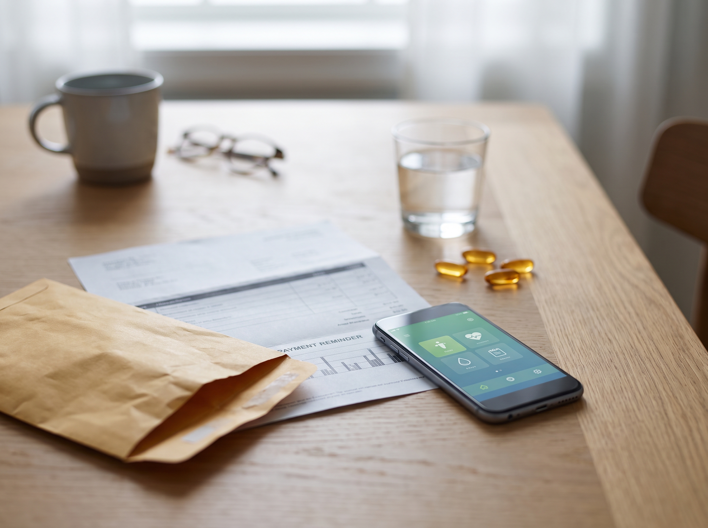 Rechnung und Smartphone mit Vitamin-App — Hepativa-Zahlungsaufforderung