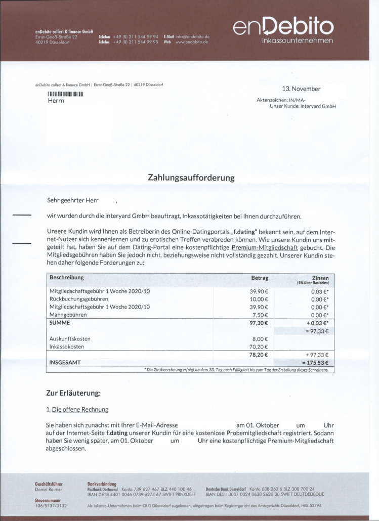 Typische Zahlungsaufforderung für die intryard GmbH