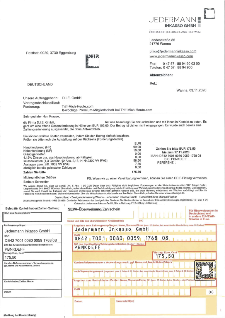 Beispiel einer Mahnung der Jedermann Inkasso GmbH
