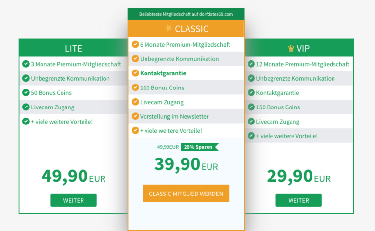 Überblick über die Premiummitgliedschaften bei Dorfdates69.com