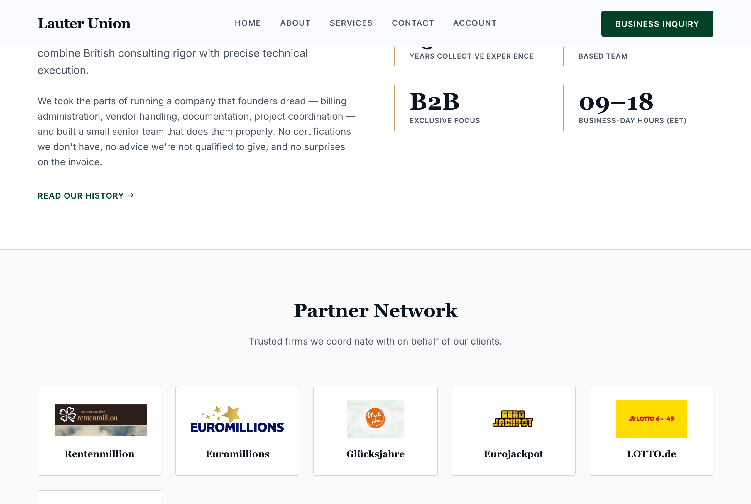 Partner Network auf lauterunion.com mit Logos von Eurojackpot, LOTTO.de und Euromillions