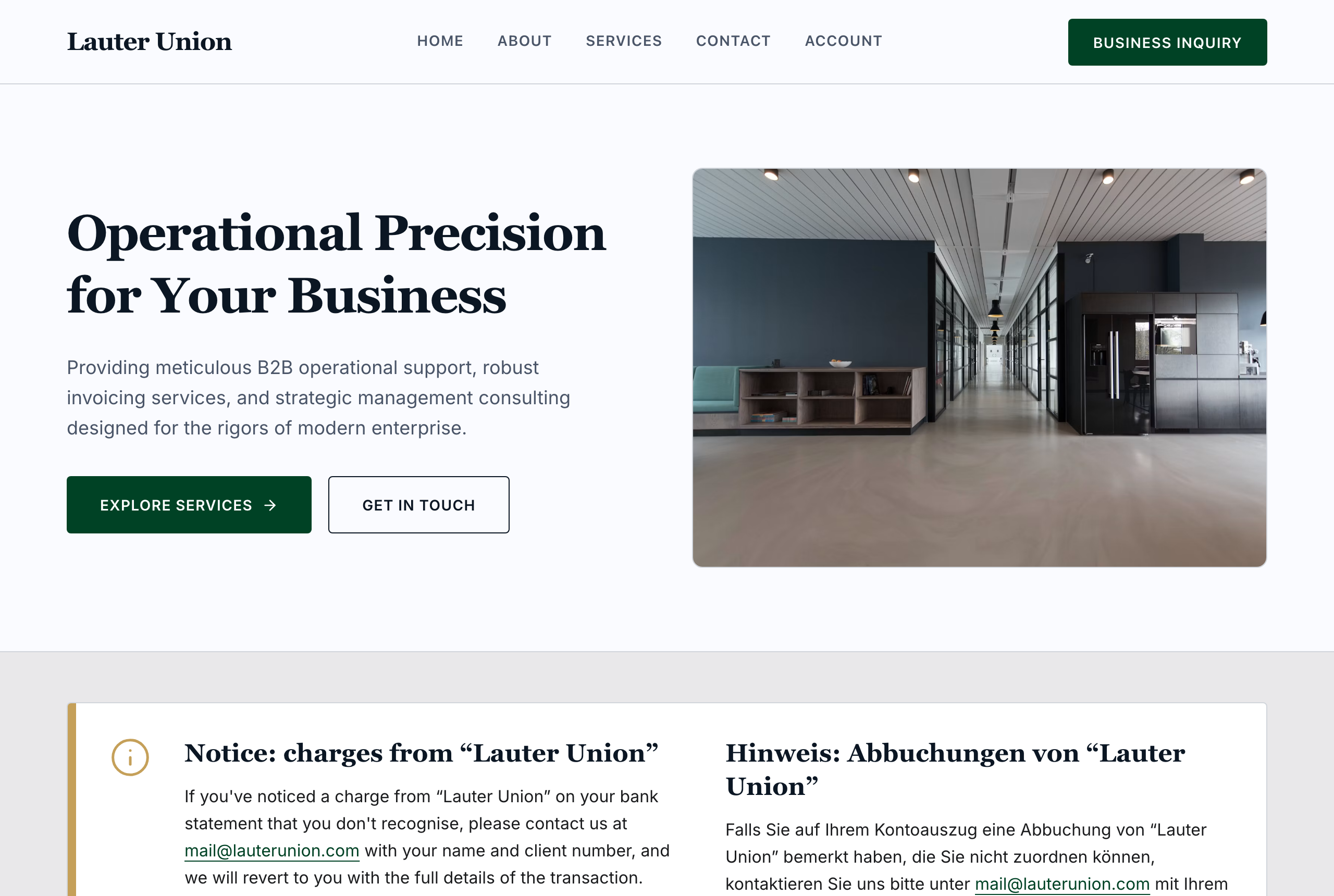 Startseite von lauterunion.com mit Hinweis auf Abbuchungen von Lauter Union