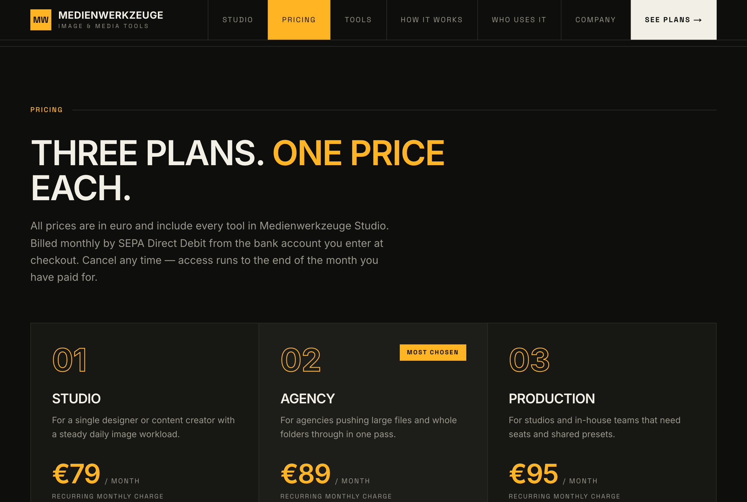 Preisseite von medienwerkzeuge.com: Studio 79, Agency 89, Production 95 Euro monatlich