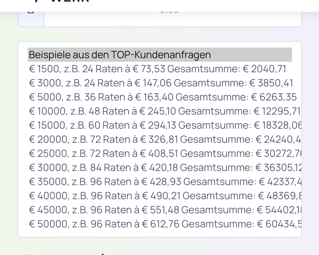 Beispiele aus den TOP-Kundenanfragen auf kapital-werk.de: 1500 Euro, 24 Raten à 73,53 Euro, Gesamtsumme 2040,71 Euro, bis 50000 Euro mit Gesamtsumme 60434,53 Euro