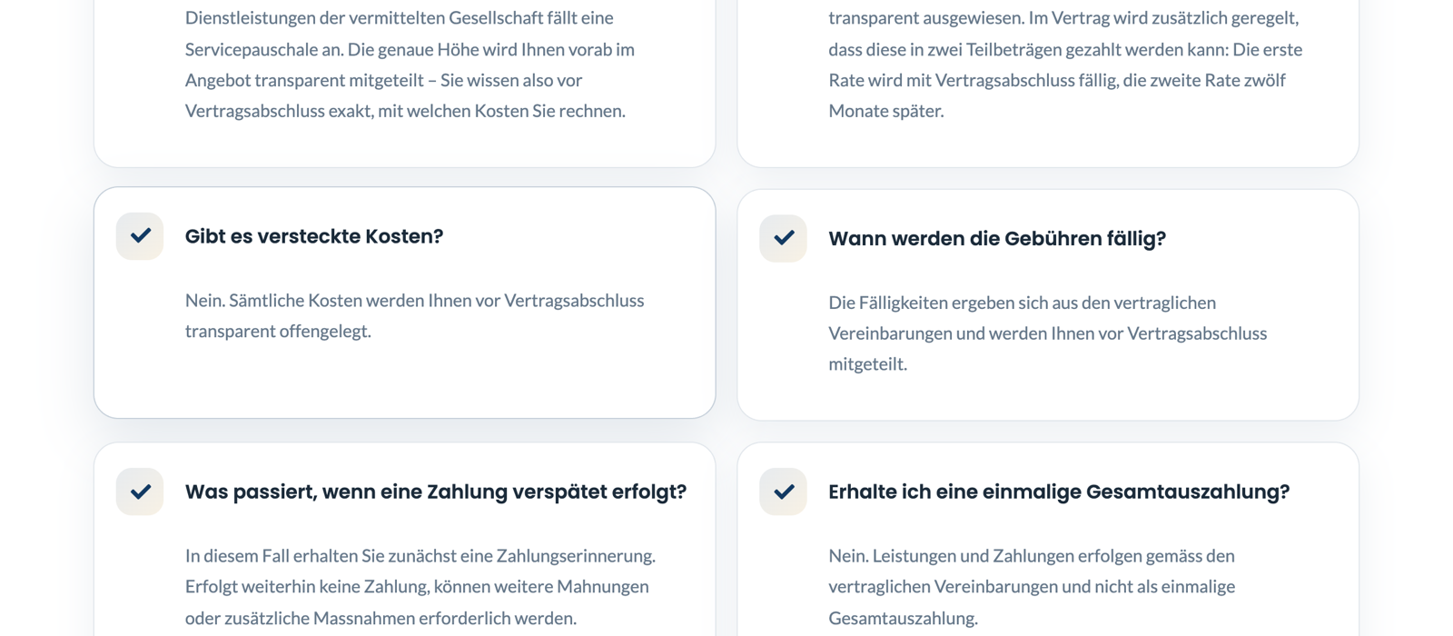 Hilfe-Center auf help.globalms-connect.com: Antworten zu Gebühren, Servicepauschale in zwei Teilbeträgen, versteckten Kosten und der Frage nach einer einmaligen Gesamtauszahlung, Antwort Nein