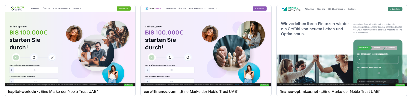 Startseiten von kapital-werk.de, care4finance.com und finance-optimizer.net nebeneinander: dieselbe Vorlage mit Bis 100.000 Euro starten Sie durch, Regulierungssumme und monatliche Rate