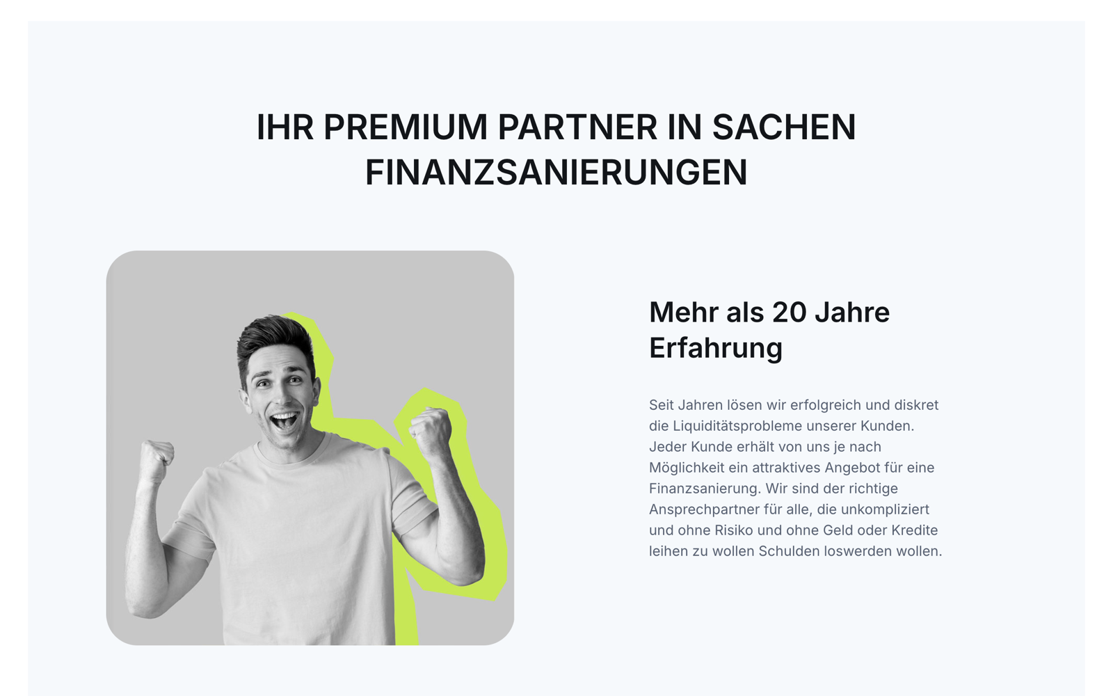 Startseite von nt-global-service.com: Ihr Premium Partner in Sachen Finanzsanierungen, Mehr als 20 Jahre Erfahrung, Foto eines jubelnden Mannes