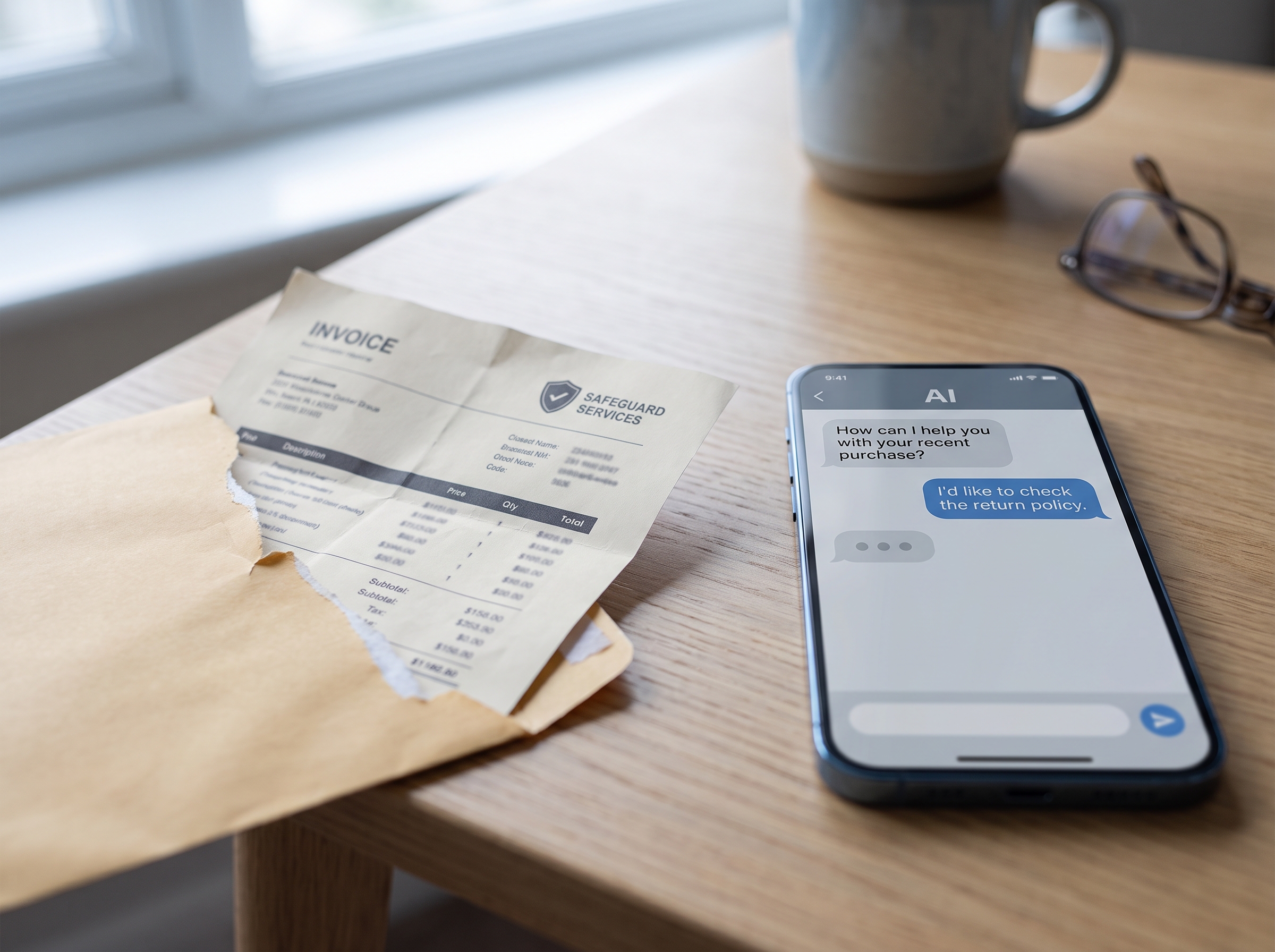 Rechnung und Smartphone mit KI-Chat-App von NovaChatAI