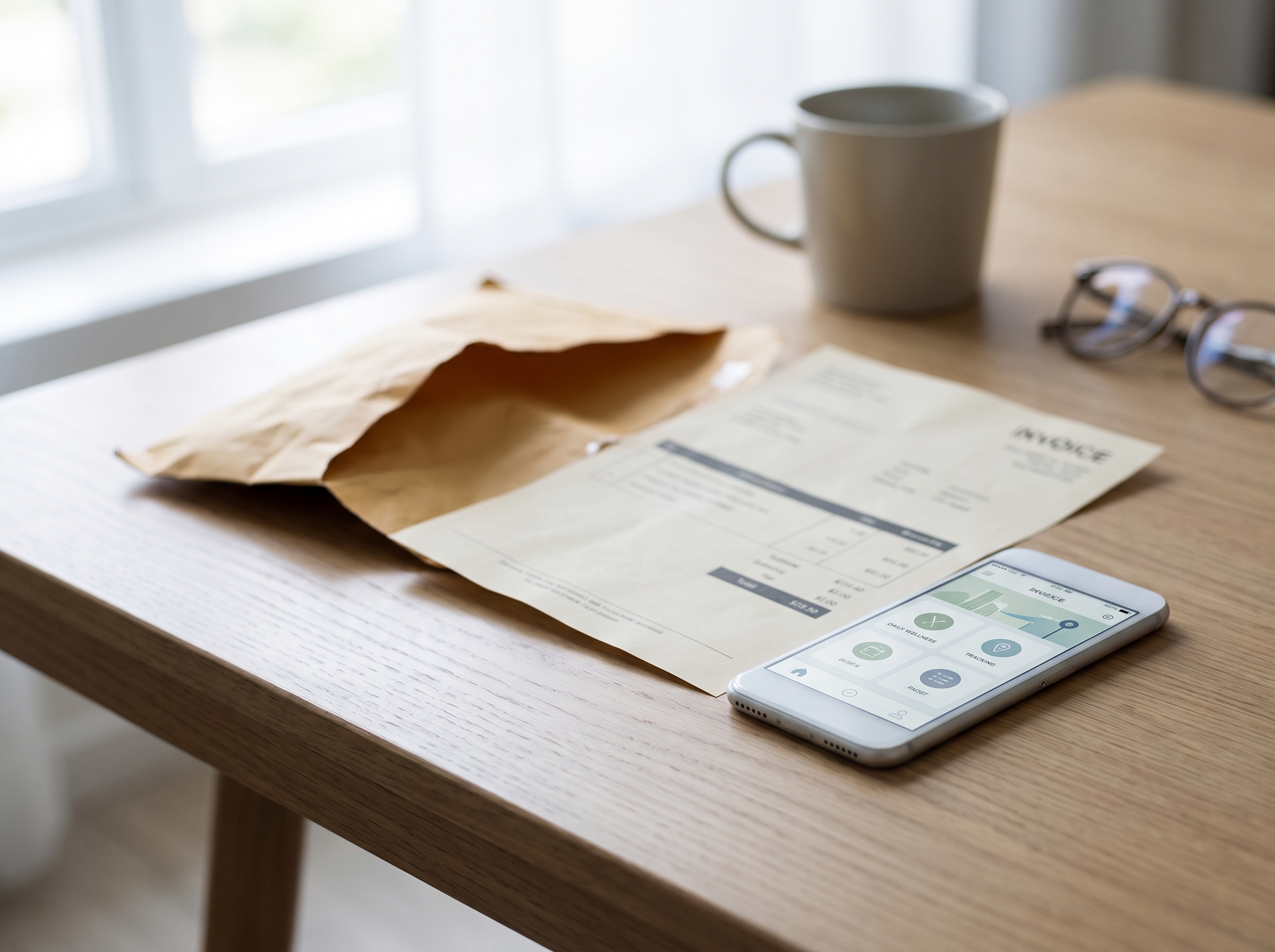 Rechnung und Smartphone mit Coaching-App von NovaMenstruhilfe