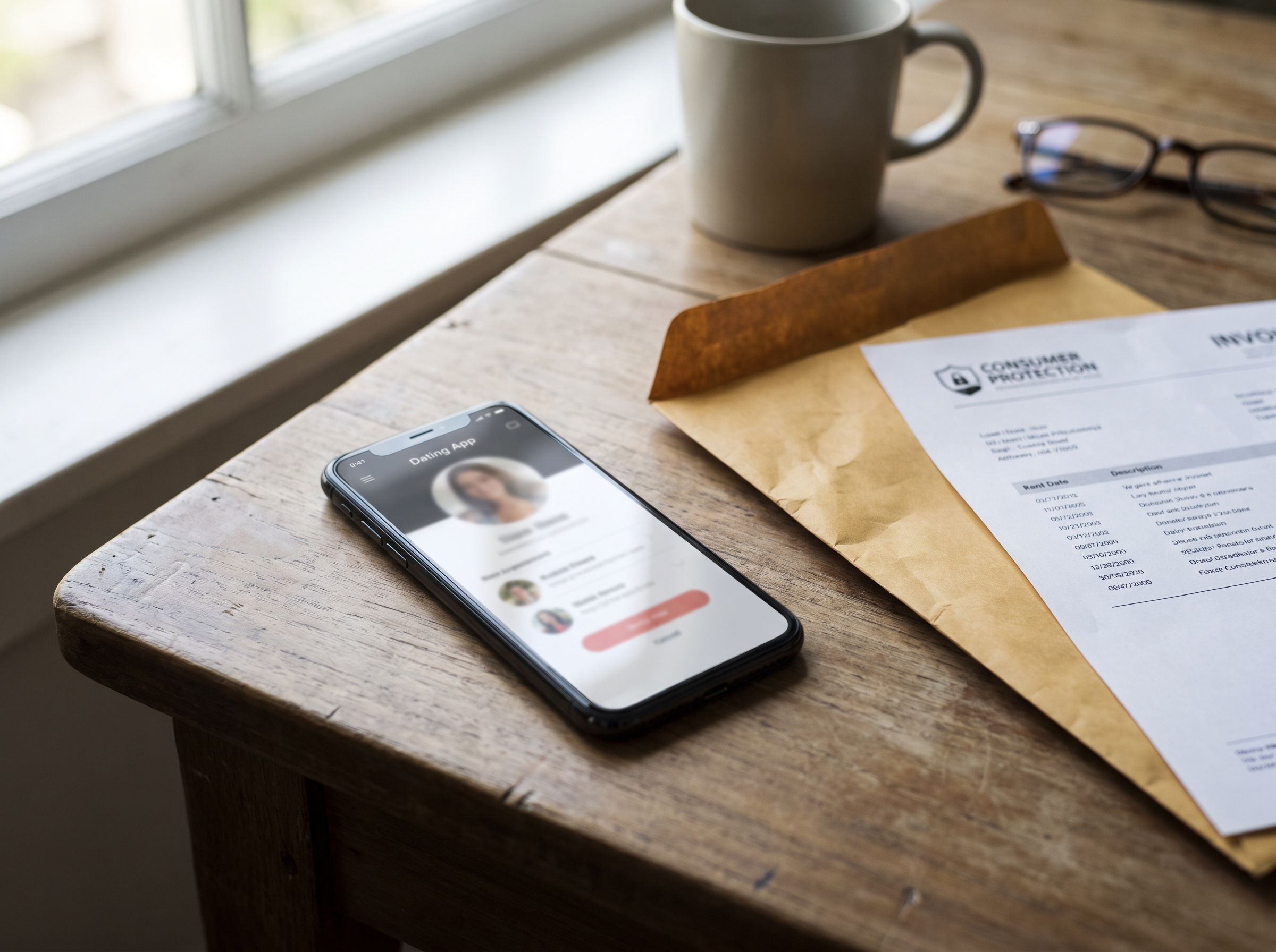 Smartphone mit Dating-App neben einer Rechnung von Novasparkling