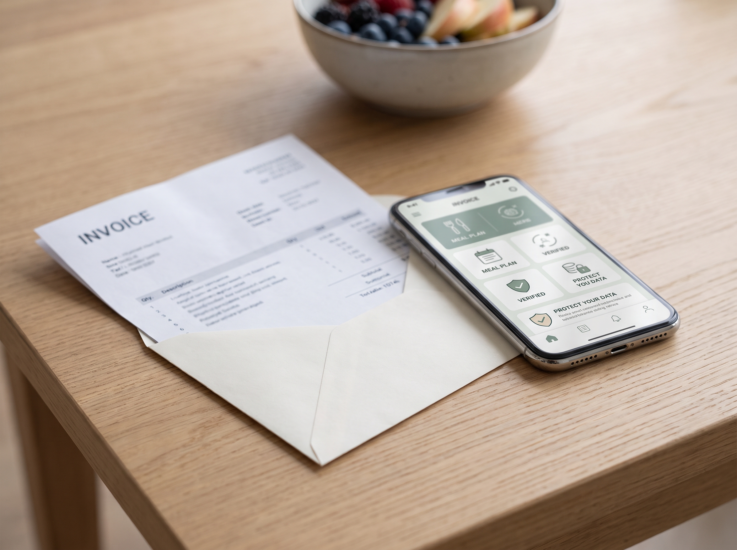 Rechnung und Smartphone mit Ernährungs-App von Novavitalia