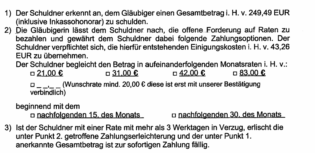 Ratenzahlungsvereinbarung von Pajisto: Anerkenntnis des Gesamtbetrags inklusive Inkassohonorar, Einigungskosten 43,26 Euro, Ratenoptionen