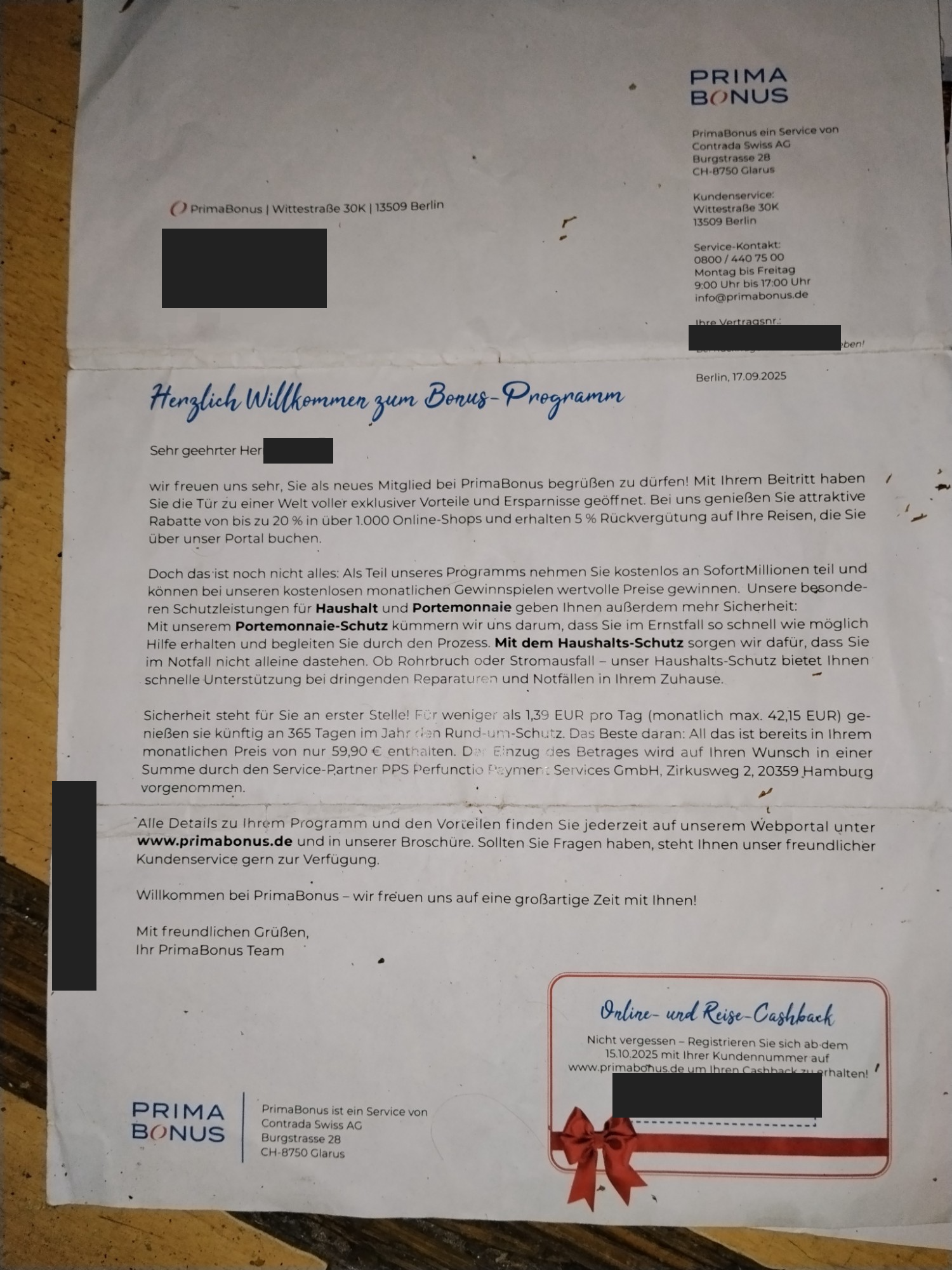 Willkommensschreiben von PrimaBonus vom September 2025, Personendaten geschwärzt: Herzlich Willkommen zum Bonus-Programm, Kundenservice Berlin, Einzug über PPS Perfunctio