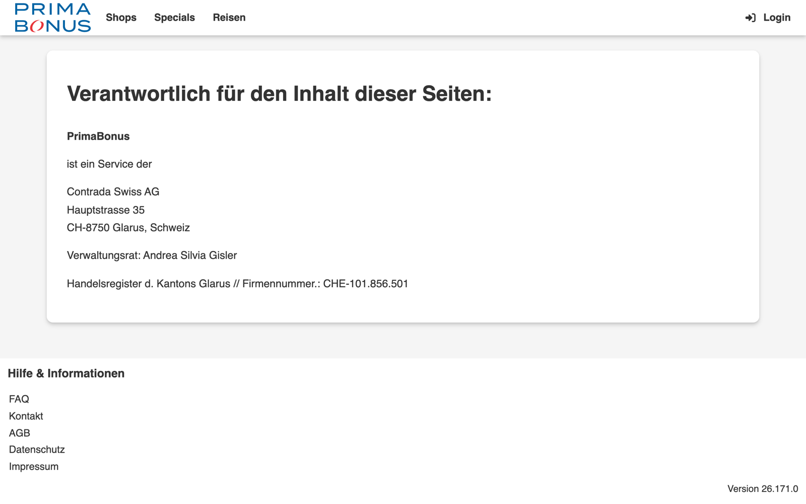 Impressum von primabonus.de: PrimaBonus ist ein Service der Contrada Swiss AG, Glarus, Schweiz, Handelsregister des Kantons Glarus