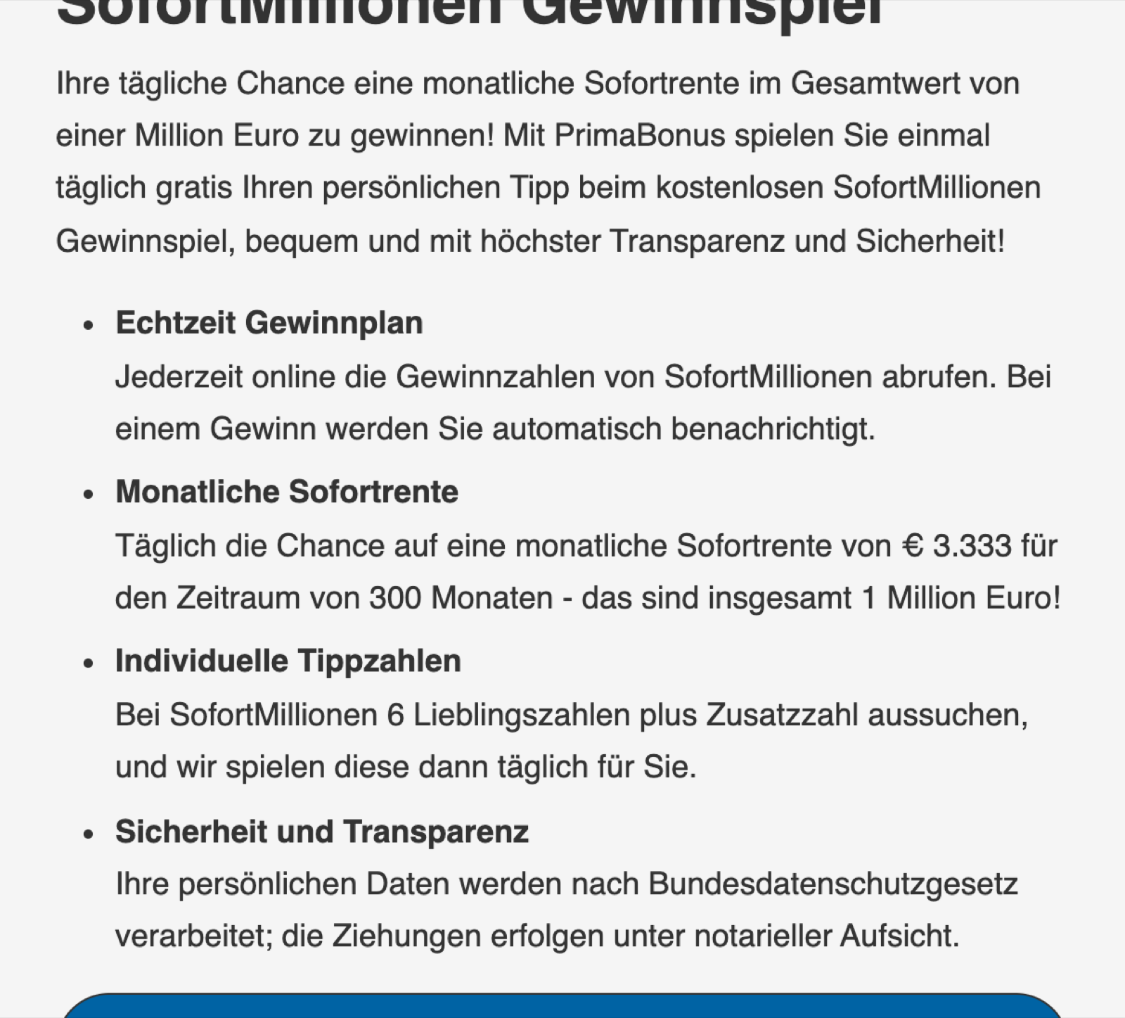 Screenshot von primabonus.de: SofortMillionen Gewinnspiel, tägliche Chance auf eine monatliche Sofortrente von 3.333 Euro für 300 Monate, kostenlos