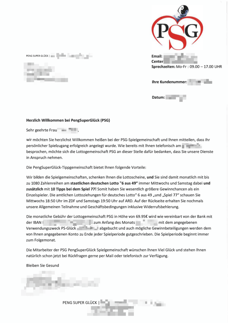 Willkommensschreiben PSG - PS-Glueck