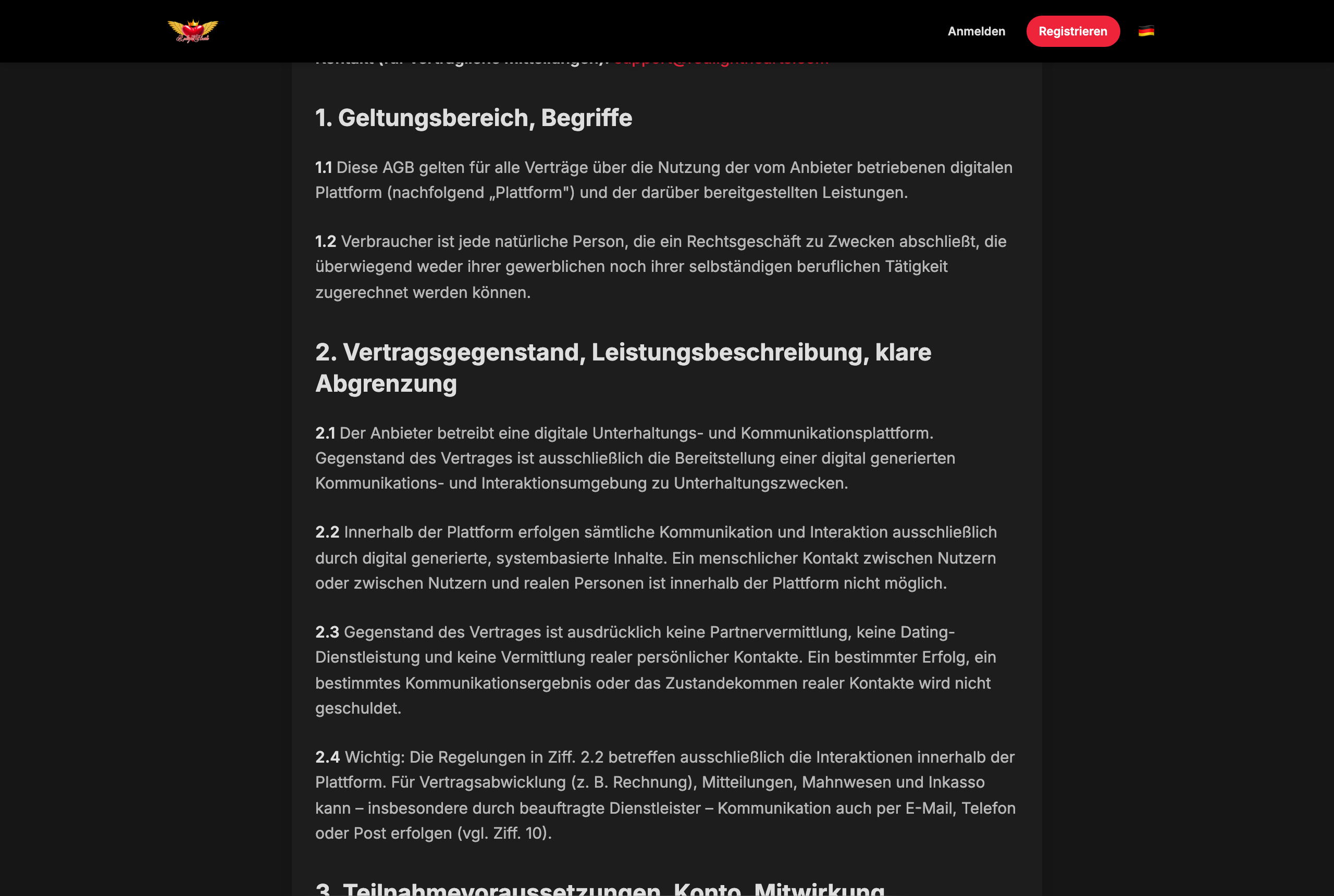 AGB von Redlight Hearts, Ziffer 2.2: Ein menschlicher Kontakt ist innerhalb der Plattform nicht möglich