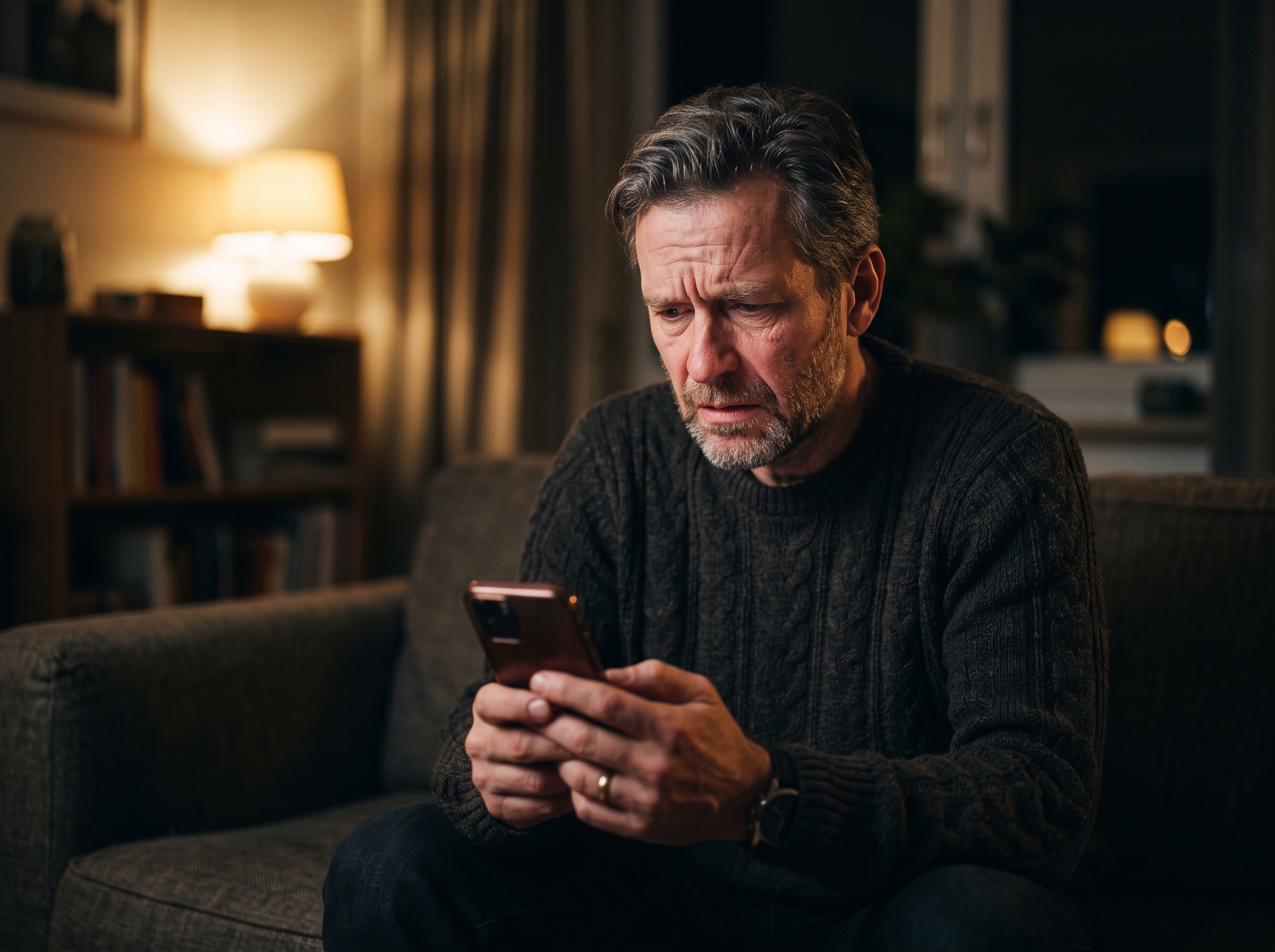 Betroffener liest die Rechnung von Redlight Hearts abends auf dem Smartphone