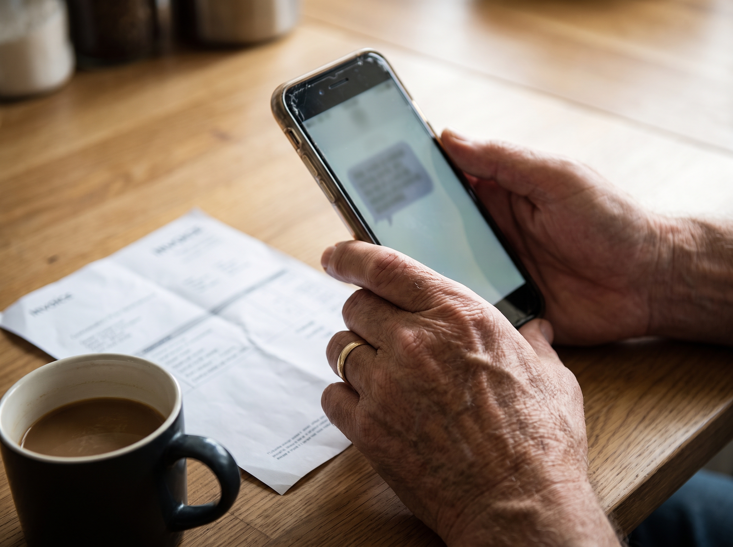 SMS-Mahnung auf dem Smartphone neben der Rechnung von Redlight Hearts