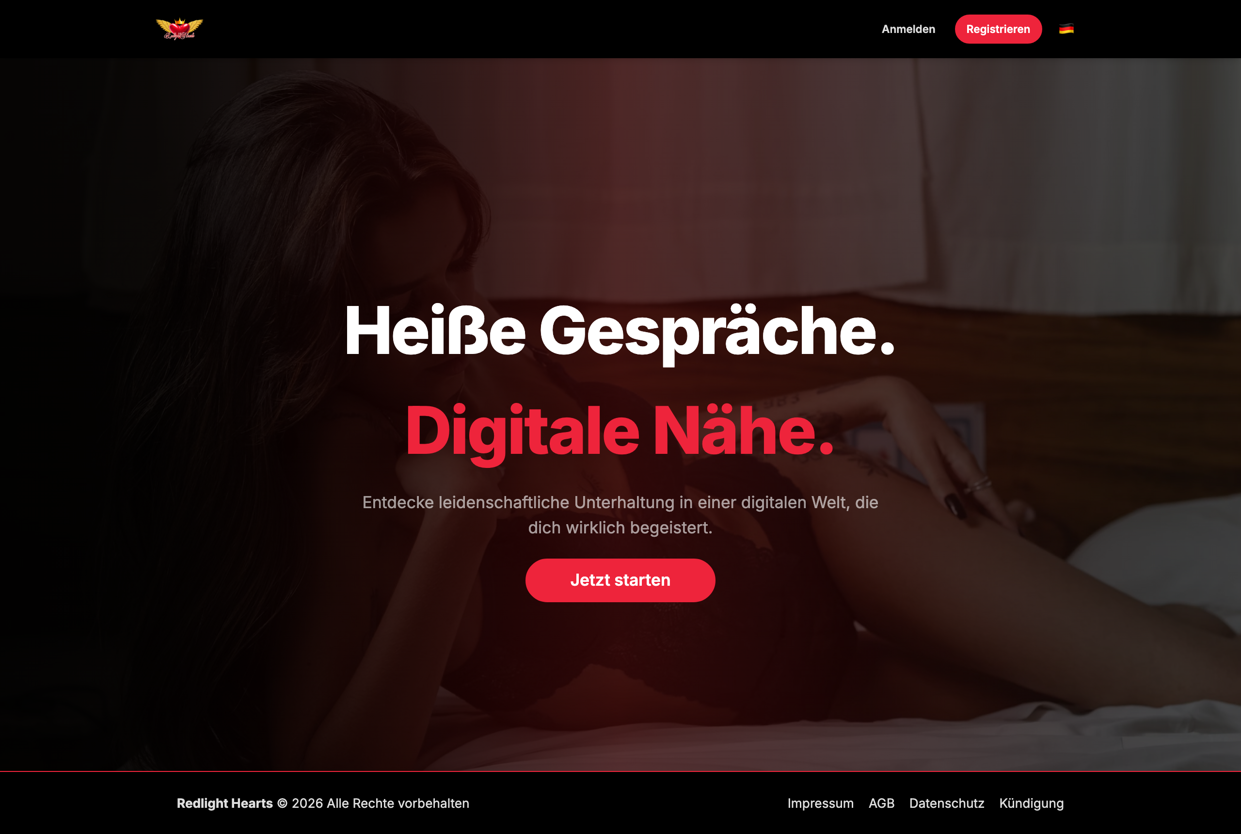 Startseite von redlighthearts.com: Heiße Gespräche. Digitale Nähe.