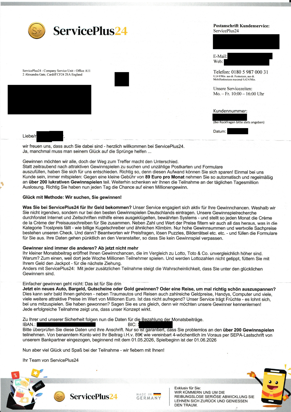Begrüßungsschreiben von ServicePlus24 aus Cardiff: 89 Euro pro Monat für über 200 Gewinnspiele (geschwärzt)