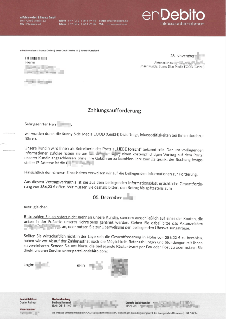 Typische Zahlungsaufforderung für die Sunny Side Media EOOD