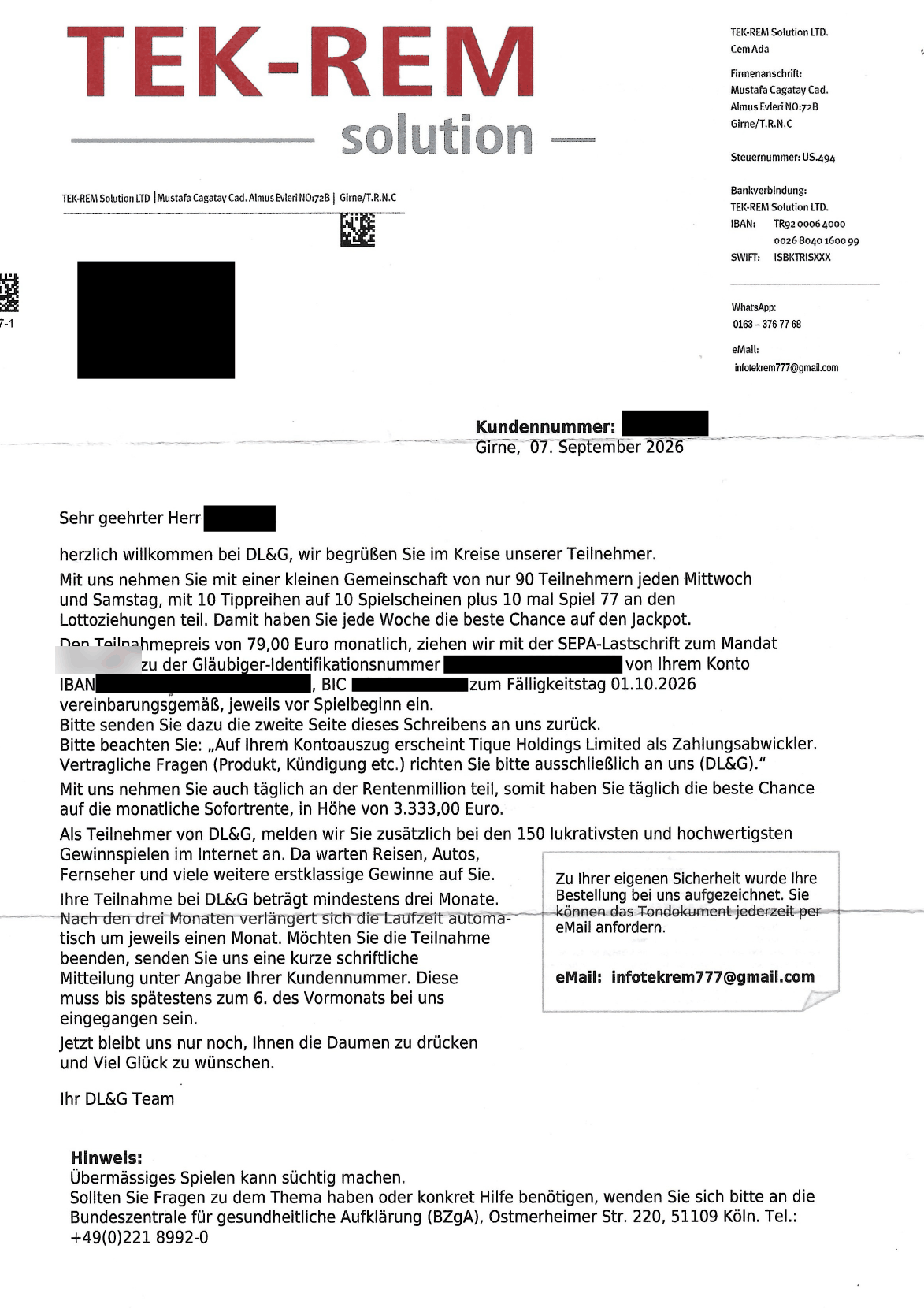 Begrüßungsschreiben der TEK-REM Solution LTD (DL&G) über 79 Euro monatlich, anonymisiert
