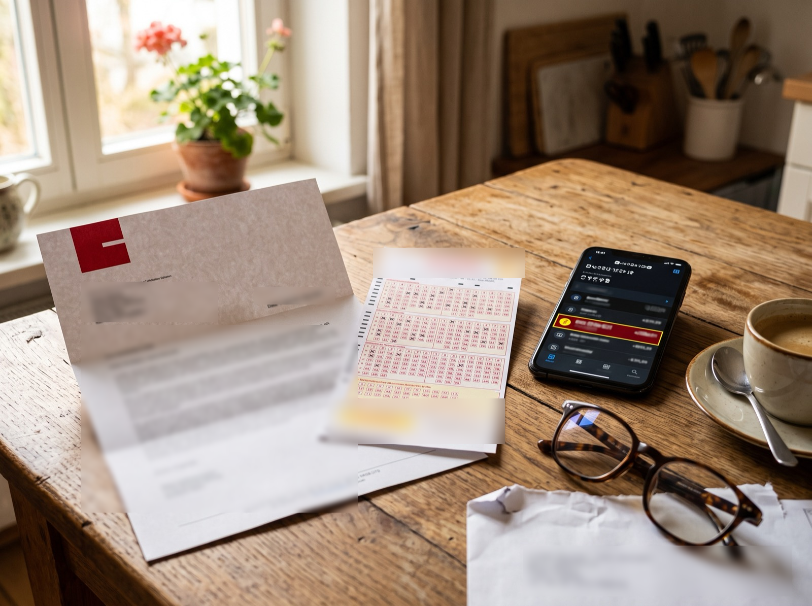 Brief, Lottoschein und Smartphone mit Banking-App auf einem Küchentisch, Symbolbild