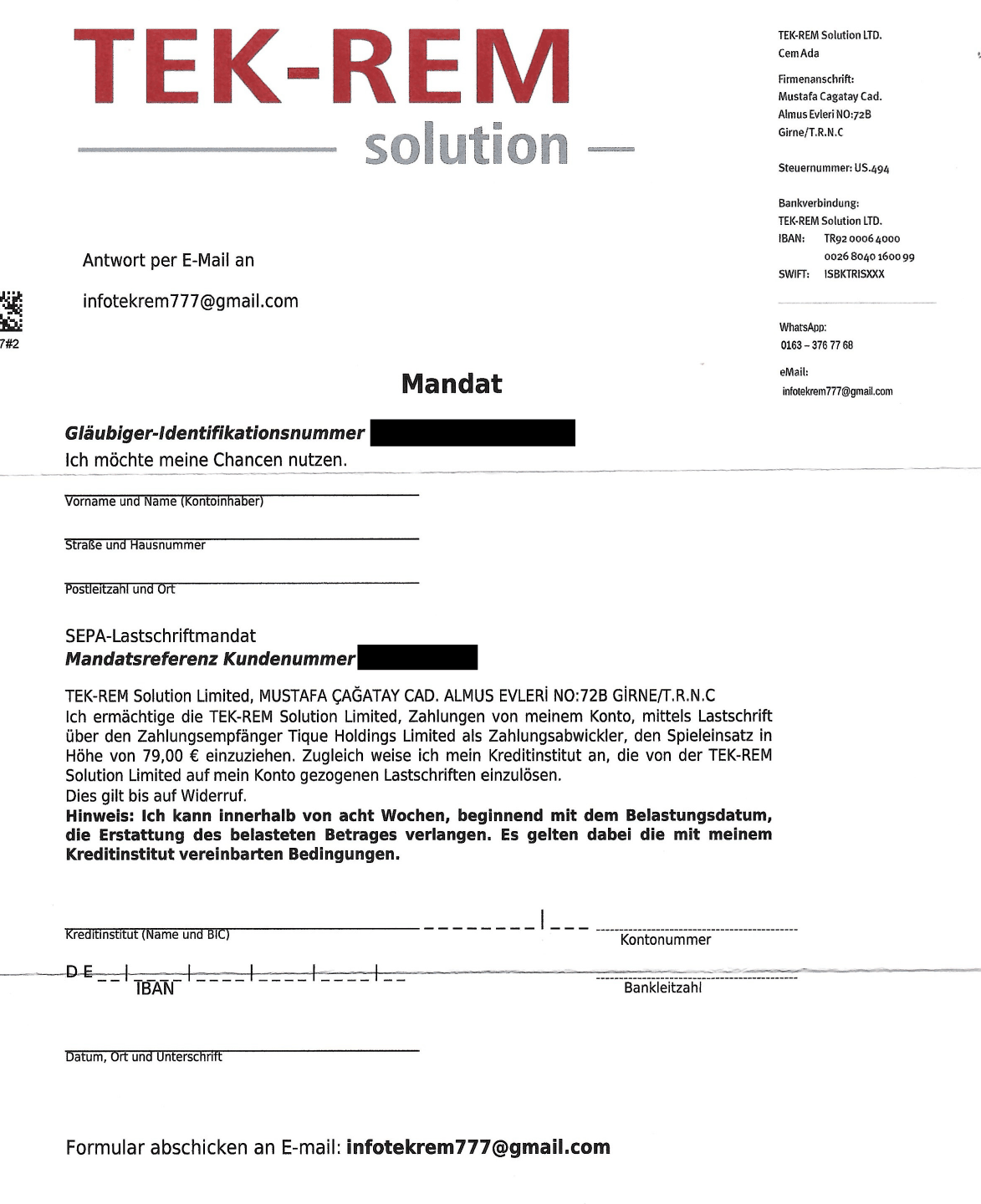 Leeres SEPA-Lastschriftmandat der TEK-REM Solution Limited über 79 Euro, Zahlungsempfänger Tique Holdings, anonymisiert