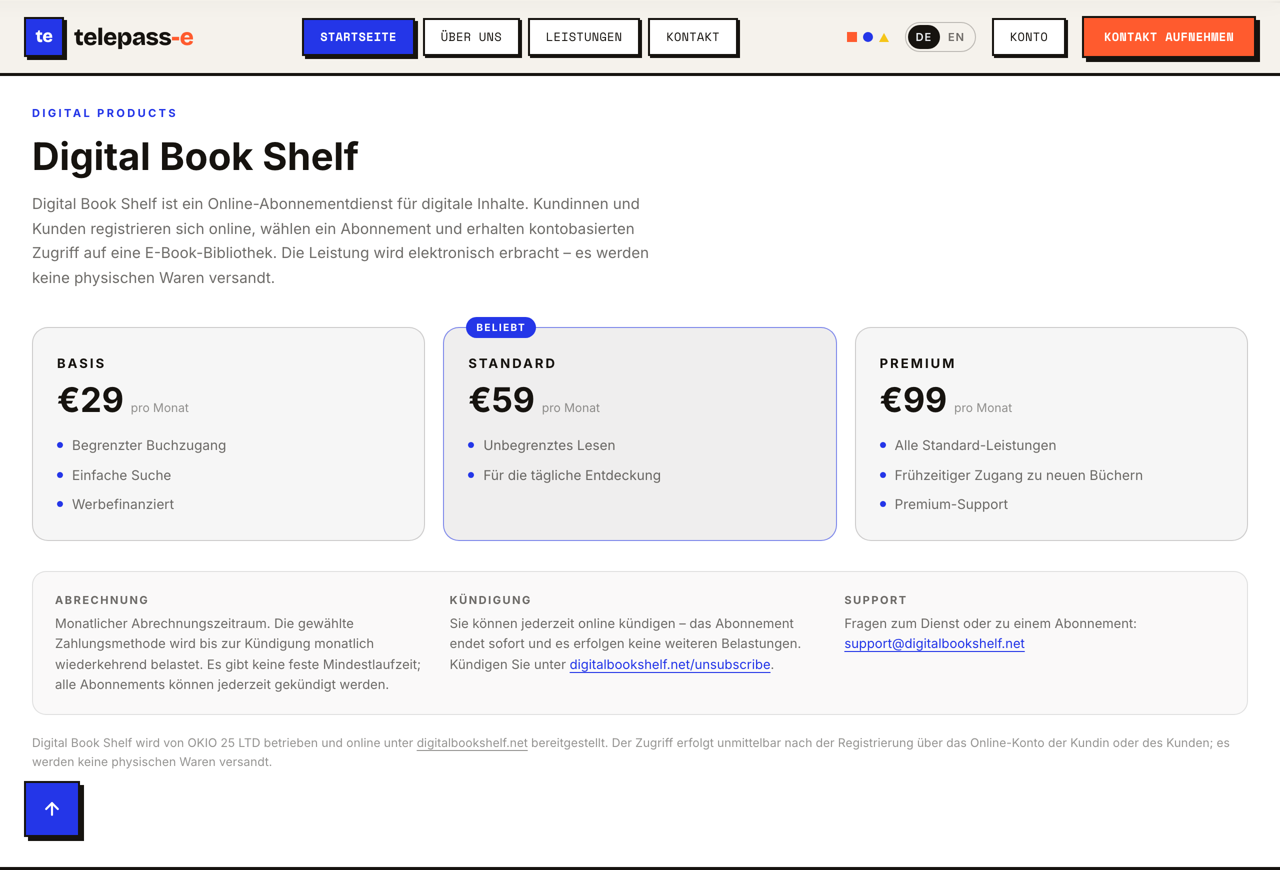 Digital Book Shelf auf telepass-e.com: E-Book-Abo der OKIO 25 LTD für 29, 59 oder 99 Euro monatlich