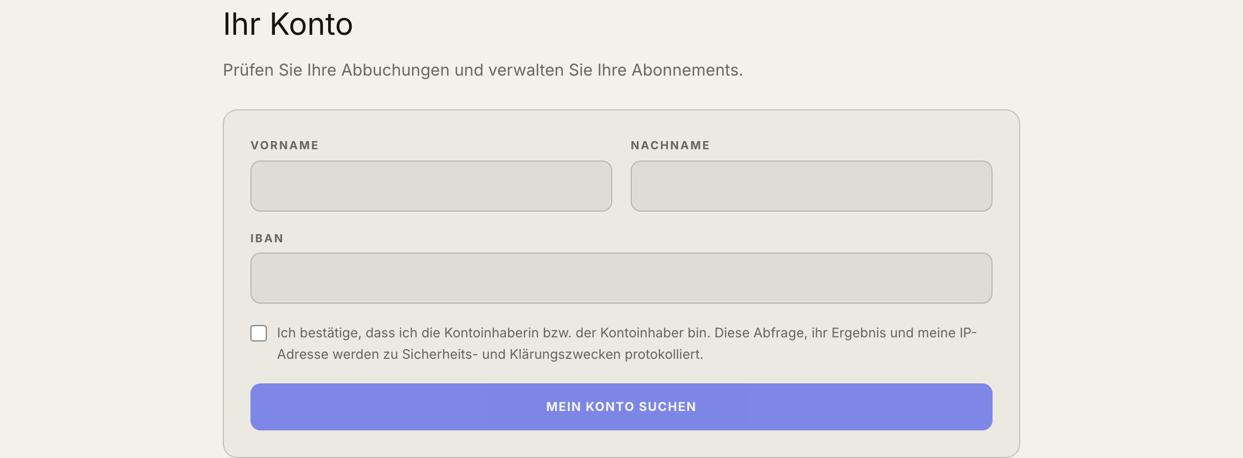 IBAN-Formular auf telepass-e.com: Vorname, Nachname, IBAN, Mein Konto suchen