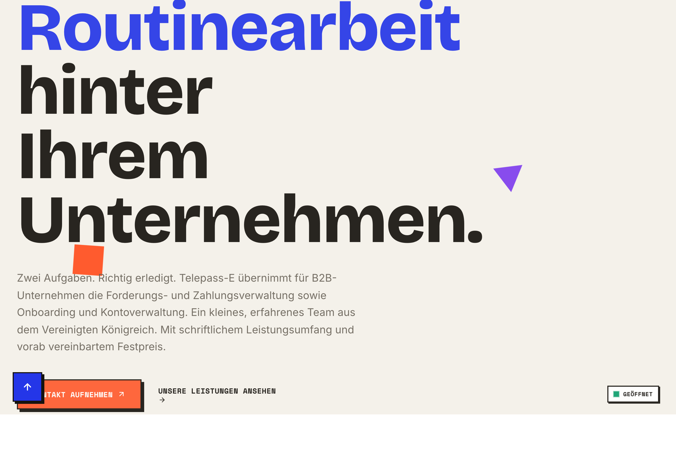 Startseite von telepass-e.com: Forderungsmanagement und Zahlungsverwaltung, Onboarding und Kontoverwaltung