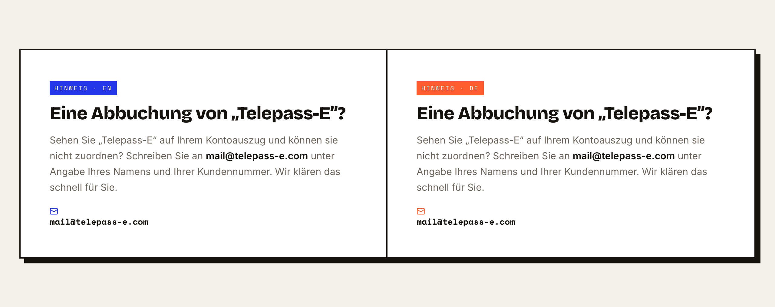 Hinweiskasten auf telepass-e.com: Eine Abbuchung von Telepass-E? Sehen Sie Telepass-E auf Ihrem Kontoauszug