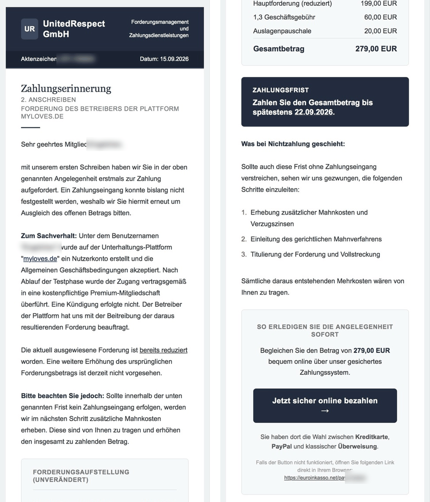 Zahlungserinnerung der United Respect GmbH für myloves.de über 279 Euro, anonymisiert