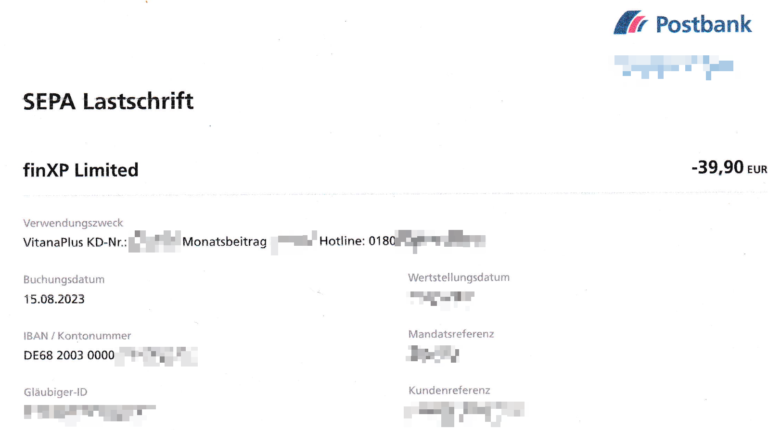 Beispiel einer Abbuchung von VitanaPlus