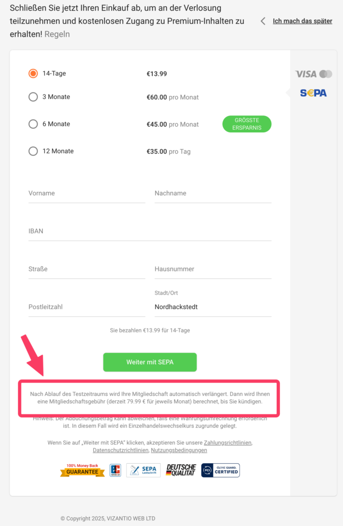 Zahlungsformular von Vizantio Web Ltd mit Hinweis auf automatische Abo-Verlängerung nach Testzeitraum
