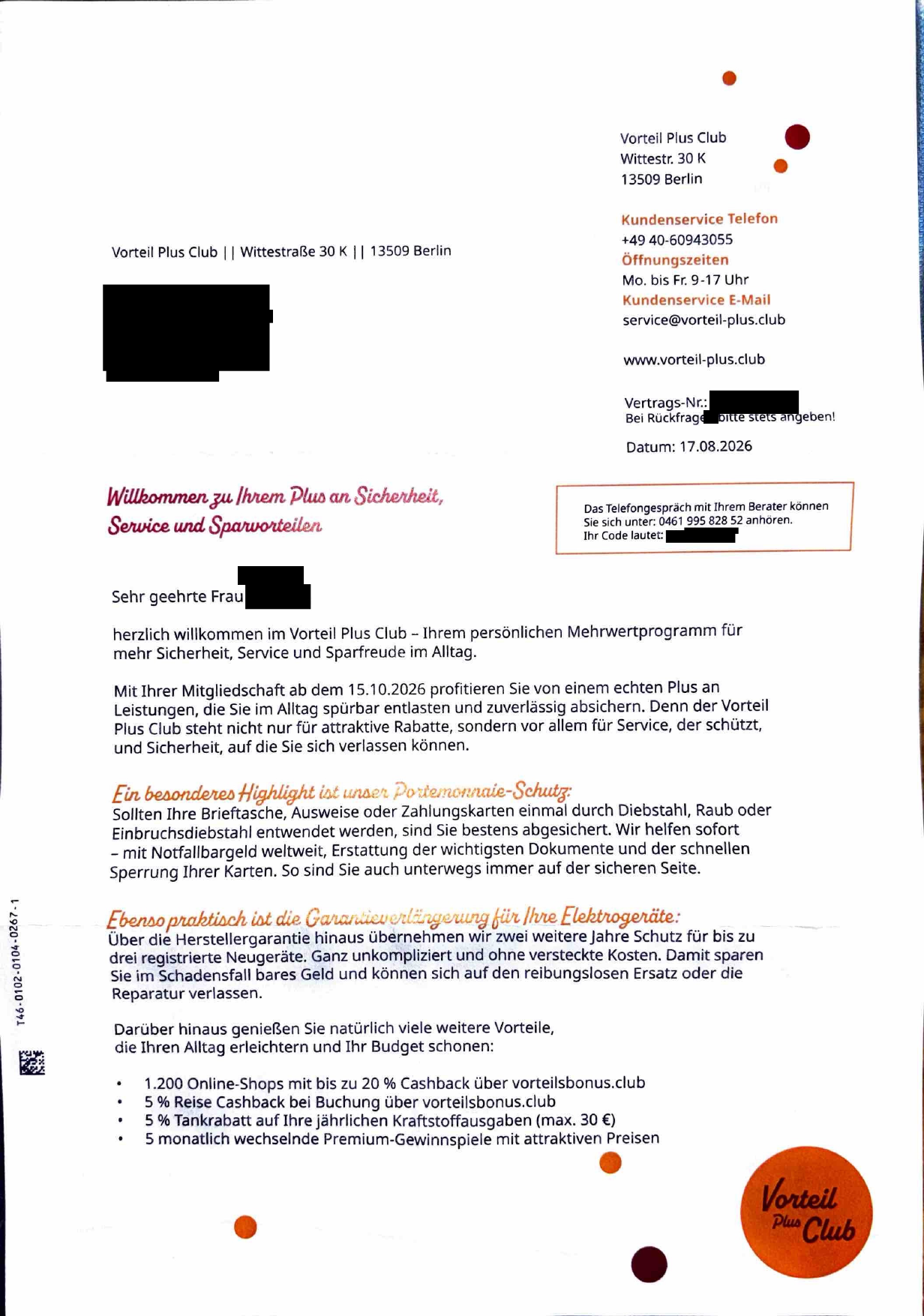 Willkommensschreiben des Vorteil Plus Club: 59,90 Euro monatlich, Service der Zynota Limited (geschwärzt)