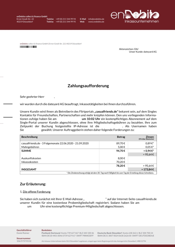 Zahlungsaufforderung der enDebito collect & finance GmbH
