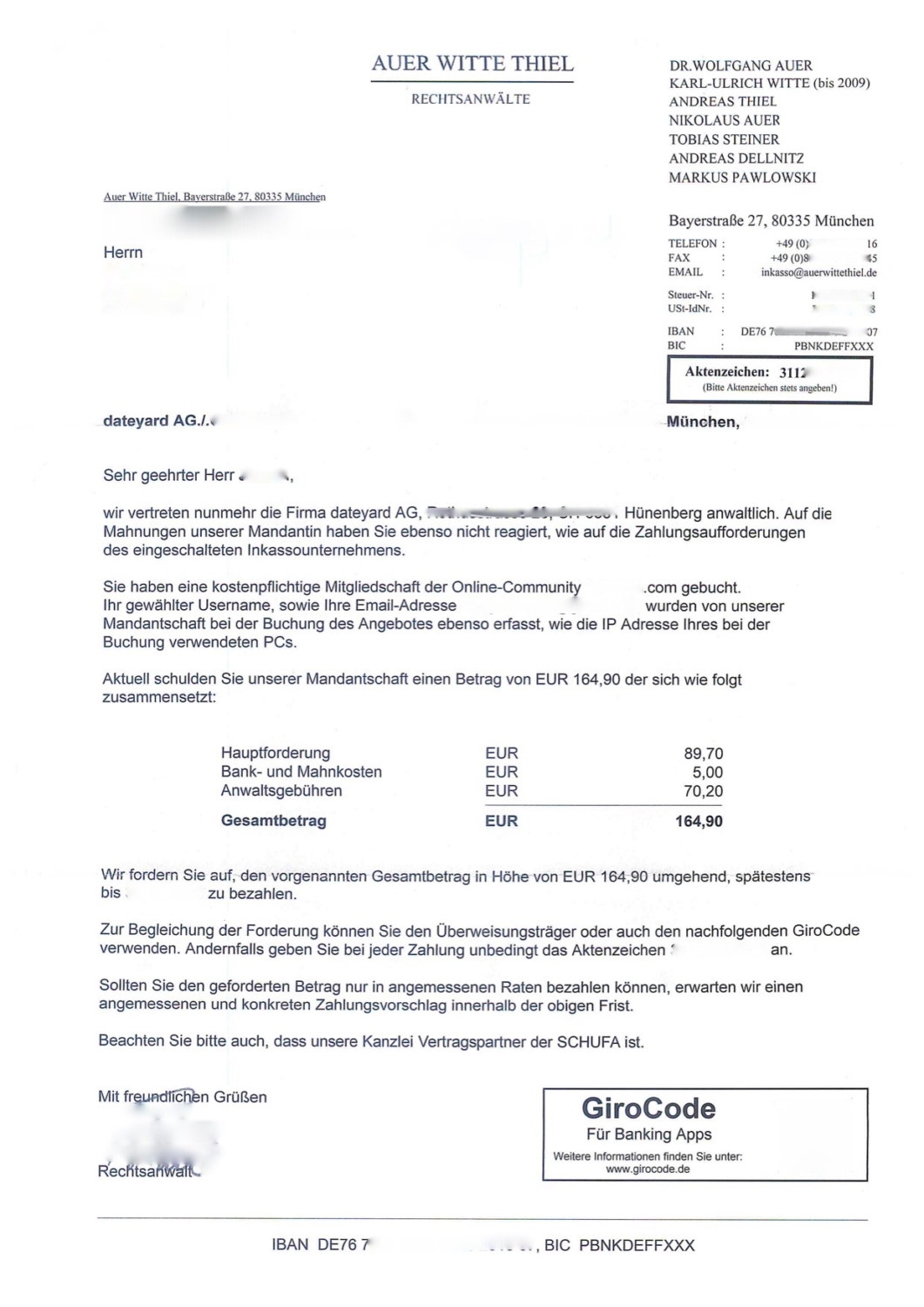 Auer Witte Thiel Inkasso Mahnung aus München erhalten?