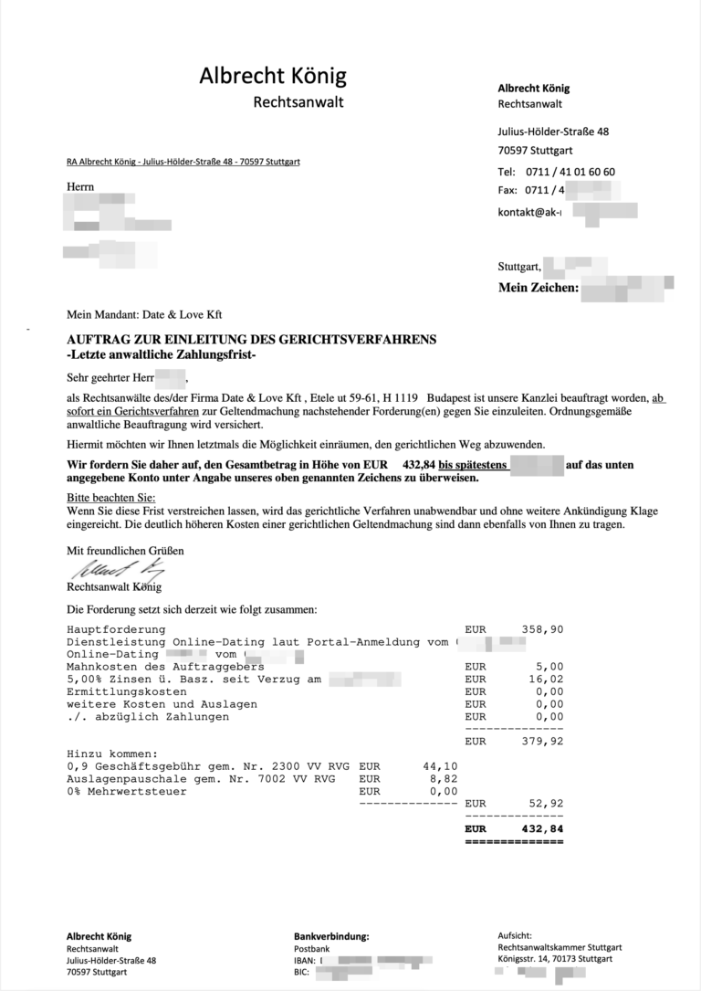 Beispiel von Auftrag zur Einleitung des Gerichtsverfahrens von Rechtsanwalt Albrecht König