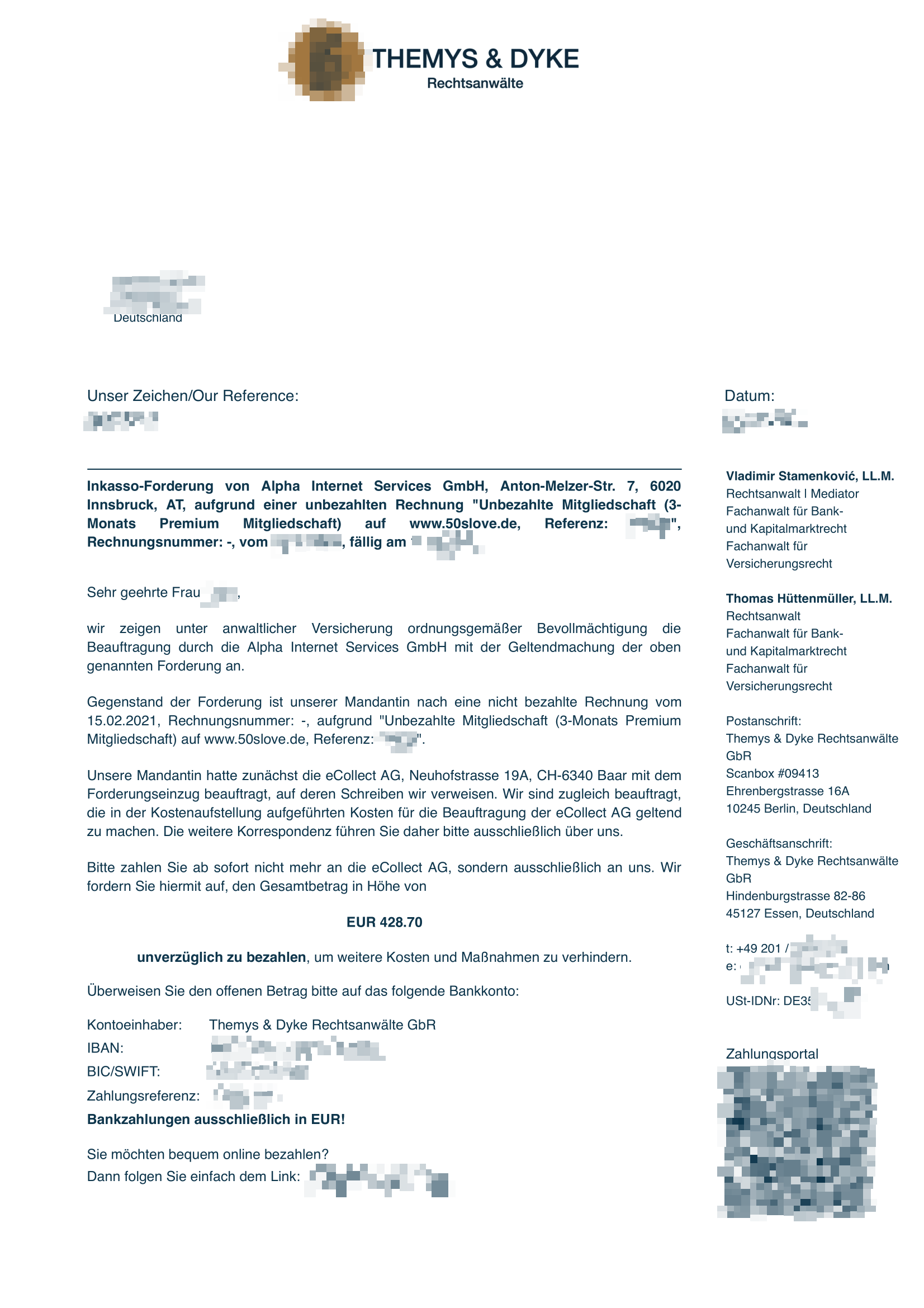 T&D Rechtsanwälte GbR Zahlungsaufforderung