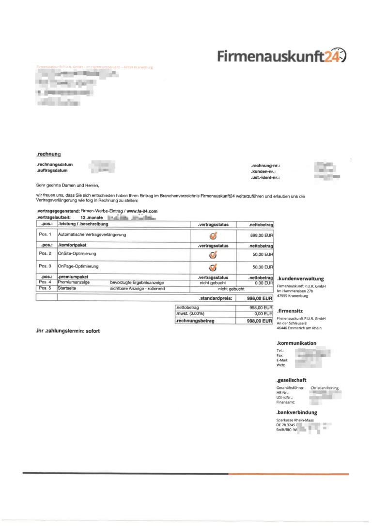 Rechnung der PUR GmbH für Firmenauskunft24